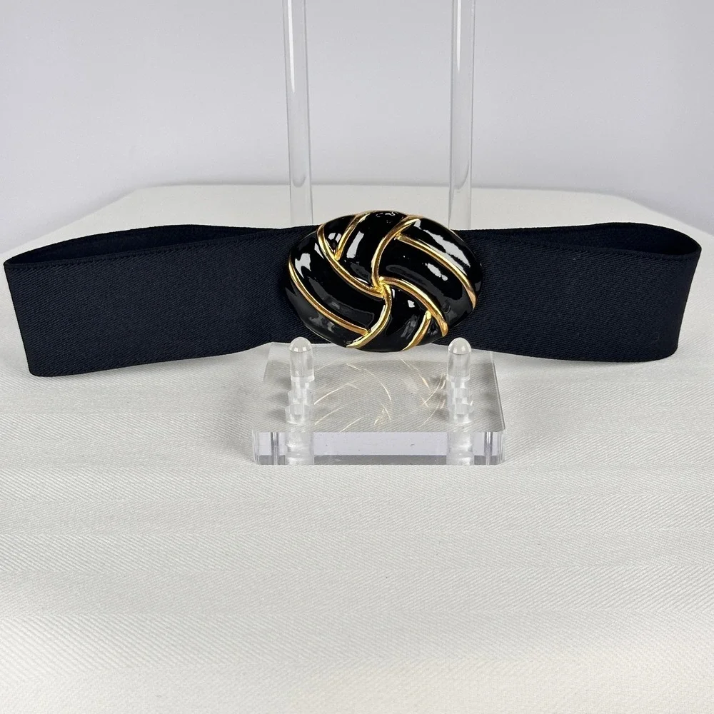 Vintage Day-Lor Black & Gold Enamel‎ Cinch Belt Sculptural Statement Elastic